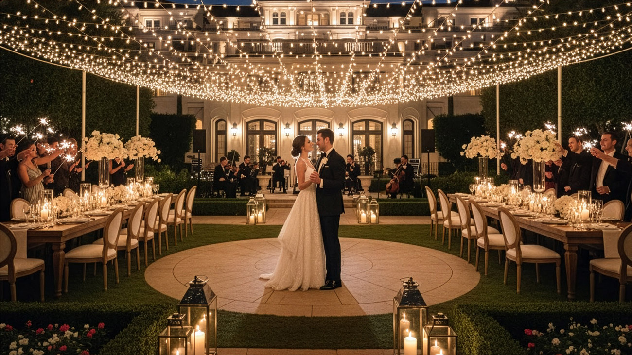 An evening wedding reception beneath a canopy of lights